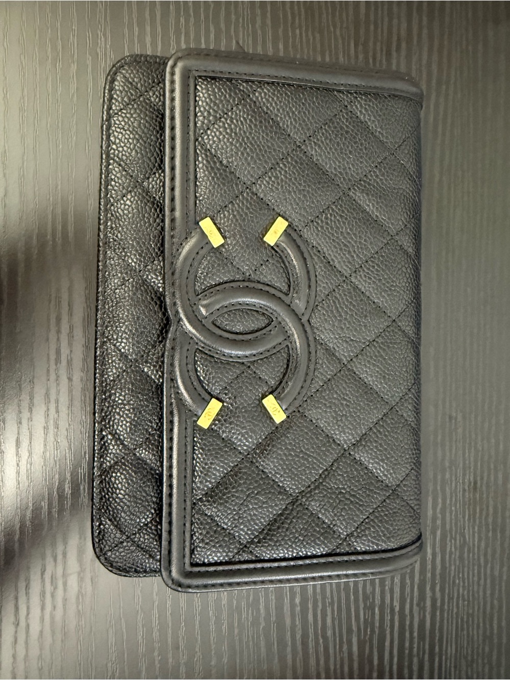 CHANEL Black Quilted Caviar Leather Mini Wallet on Chain with Gold Hardware